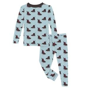 NEW KICKEE kids' bamboo print long sleeve pajama set in spring sky boots